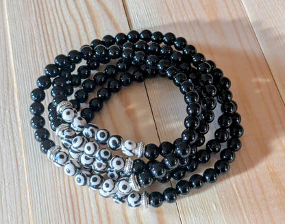 Tibetan Triple Eye Dzi & Black Onyx Stretch Bracelets