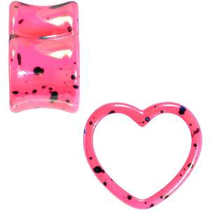 Black Speckled Pink Acrylic Heart Saddle Plug Set 4mm to 20mm