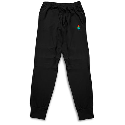 Black jogger pants with a small colorful logo on a white background