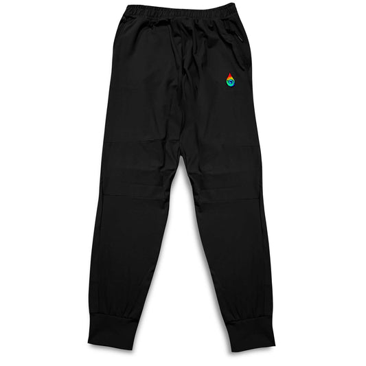 Black jogger pants with a small colorful logo on a white background