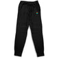 Black jogger pants with a small colorful logo on a white background