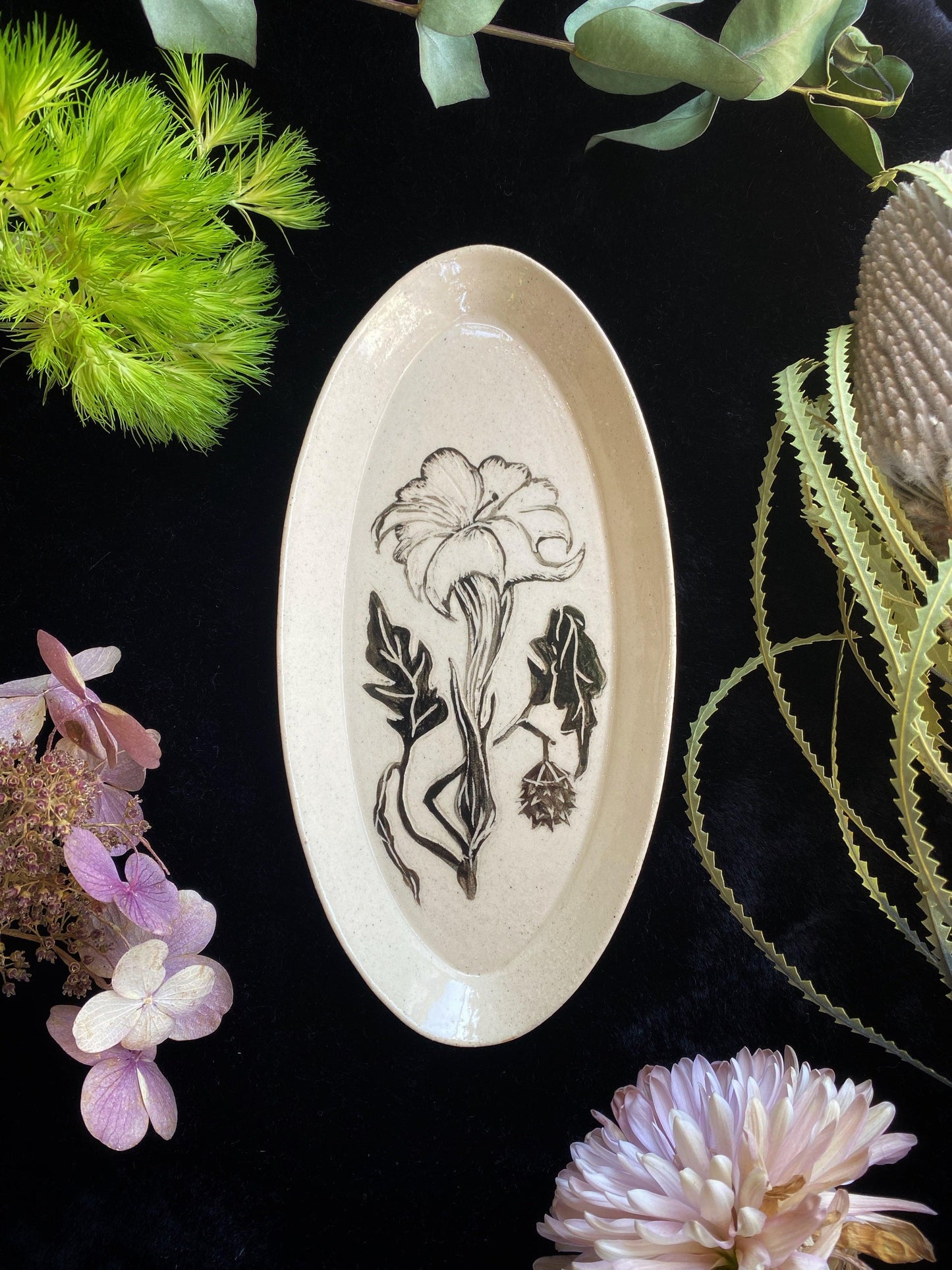 Black Sgraffito Datura Ceramic Offering Plates