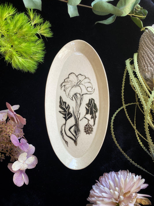 Black Sgraffito Datura Ceramic Offering Plates
