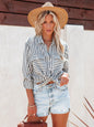 Striped Long Sleeve Shirt - Linen Cotton Button Down Blouse for Women