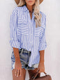 Striped Long Sleeve Shirt - Linen Cotton Button Down Blouse for Women
