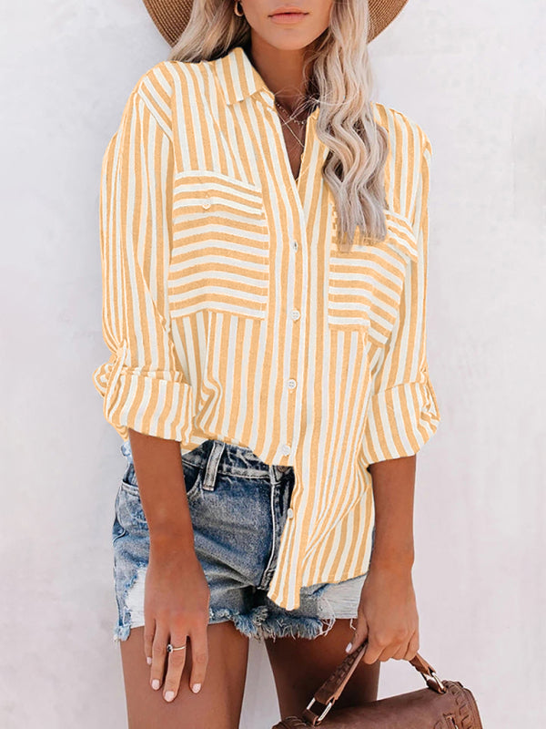 Striped Long Sleeve Shirt - Linen Cotton Button Down Blouse for Women
