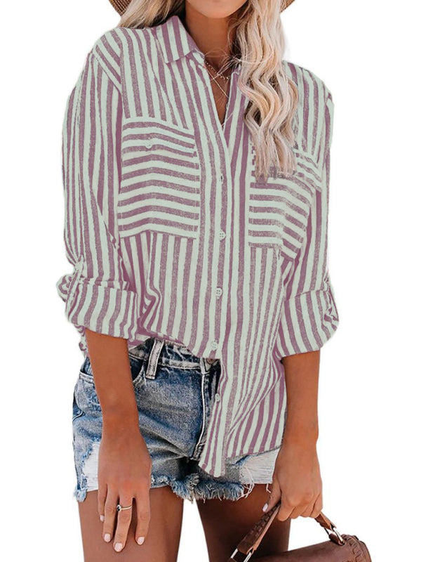 Striped Long Sleeve Shirt - Linen Cotton Button Down Blouse for Women