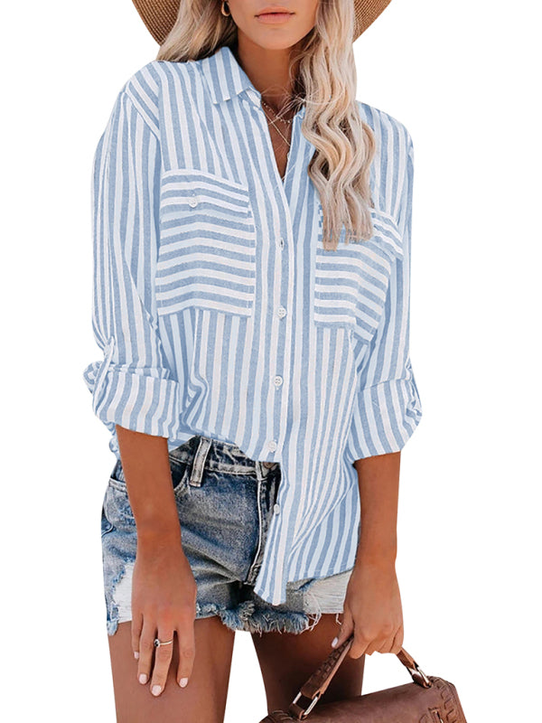 Striped Long Sleeve Shirt - Linen Cotton Button Down Blouse for Women