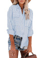 Striped Long Sleeve Shirt - Linen Cotton Button Down Blouse for Women