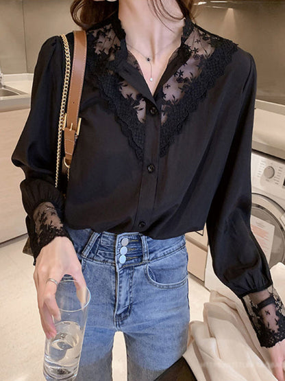 Lace Chiffon Panel Long Sleeve Top - Elegant Layered Blouse for Women