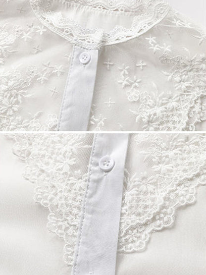 Lace Chiffon Panel Long Sleeve Top - Elegant Layered Blouse for Women