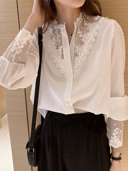 Lace Chiffon Panel Long Sleeve Top - Elegant Layered Blouse for Women