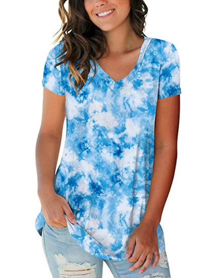 Tie Dye V-Neck Short Sleeve T-Shirt Polyester Women's Pullover