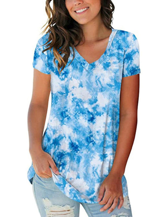 Tie Dye V-Neck Short Sleeve T-Shirt Polyester Women's Pullover