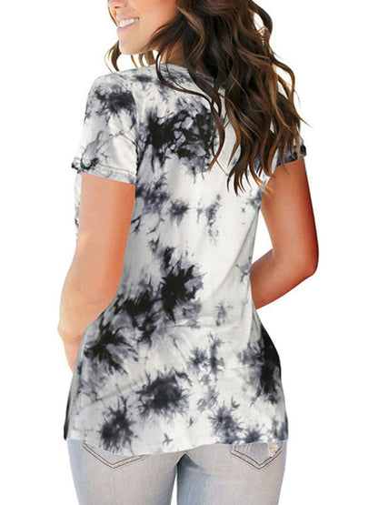 Tie Dye V-Neck Short Sleeve T-Shirt Polyester Women's Pullover