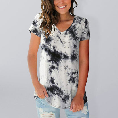 Tie Dye V-Neck Short Sleeve T-Shirt Polyester Women's Pullover