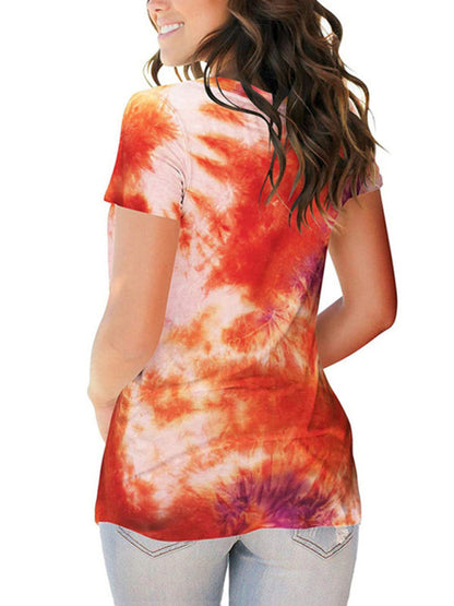 Tie Dye V-Neck Short Sleeve T-Shirt Polyester Women's Pullover
