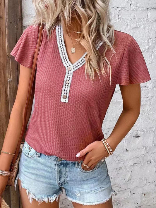 Waffle Knit V-Neck Tank Top Dropped Shoulder Women's Sleeveless Tee