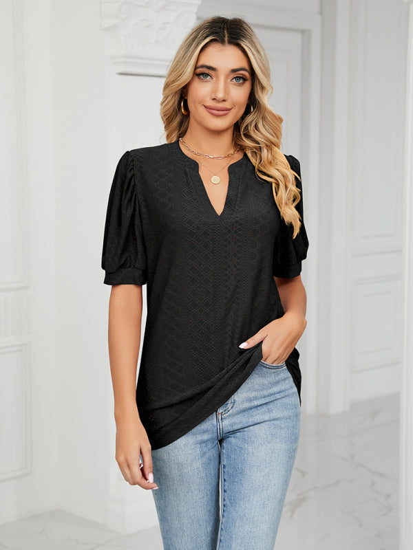 V-Neck Hollow Puff Sleeve Tank Top Rayon Women's Knit Blouse
