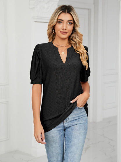 V-Neck Hollow Puff Sleeve Tank Top Rayon Women's Knit Blouse