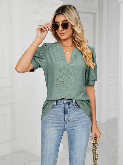 V-Neck Hollow Puff Sleeve Tank Top Rayon Women's Knit Blouse
