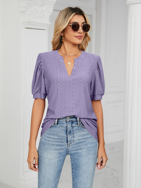 V-Neck Hollow Puff Sleeve Tank Top Rayon Women's Knit Blouse