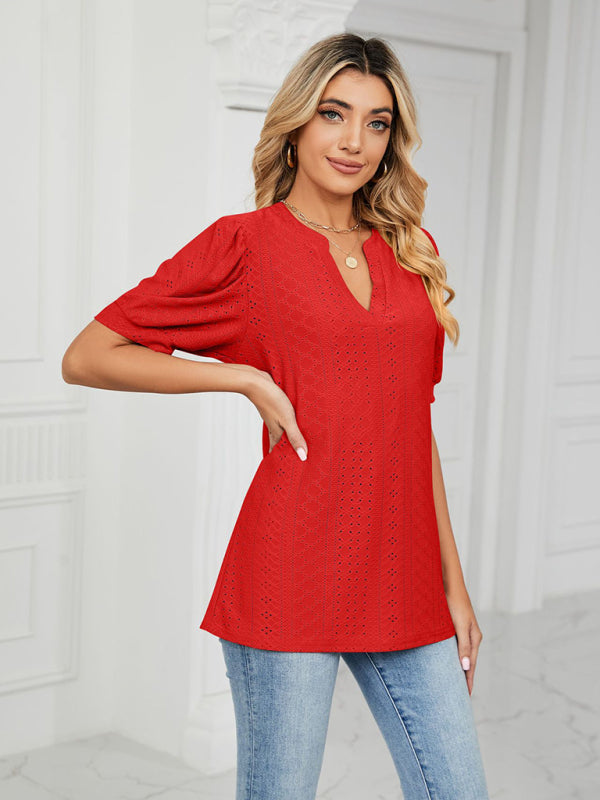 V-Neck Hollow Puff Sleeve Tank Top Rayon Women's Knit Blouse