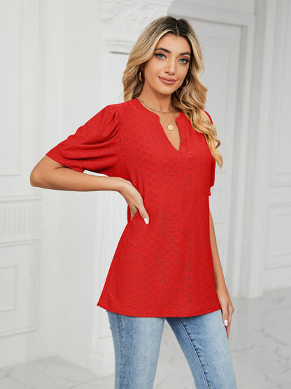 V-Neck Hollow Puff Sleeve Tank Top Rayon Women's Knit Blouse