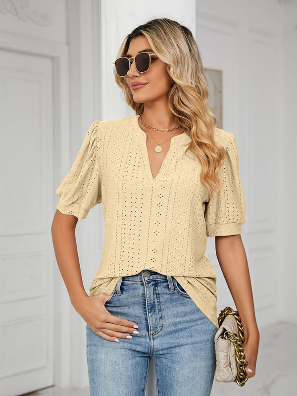 V-Neck Hollow Puff Sleeve Tank Top Rayon Women's Knit Blouse