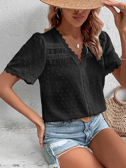 V-Neck Lace Panel Blouse - Elegant Short Sleeve Top for Women