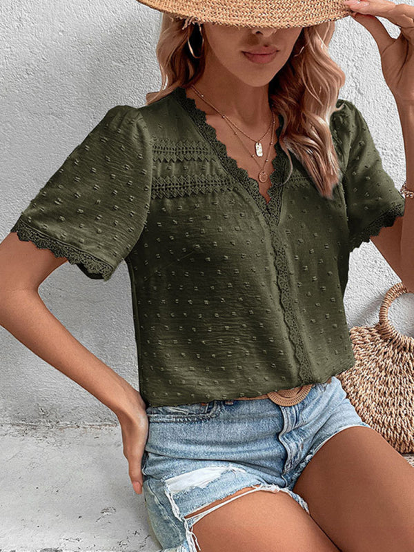 V-Neck Lace Panel Blouse - Elegant Short Sleeve Top for Women