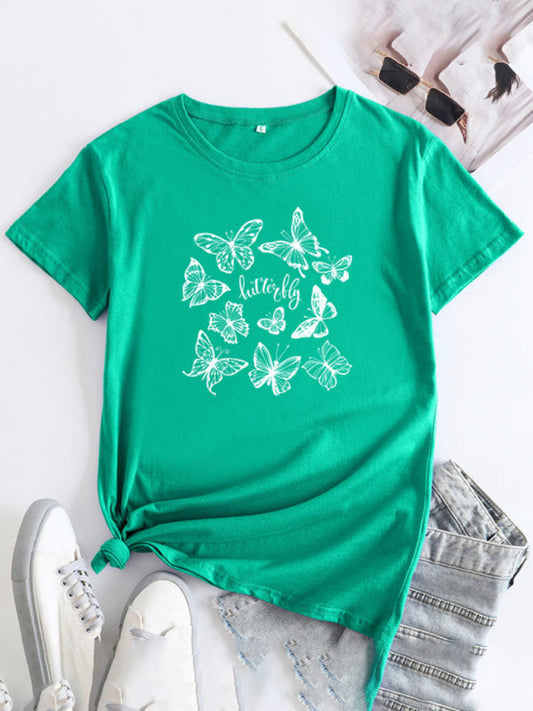 Butterfly Print Round Neck T-Shirt Cotton Short Sleeve Women's Top