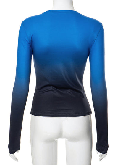 Gradient Print Round Neck Long Sleeve Polyester Women's Top