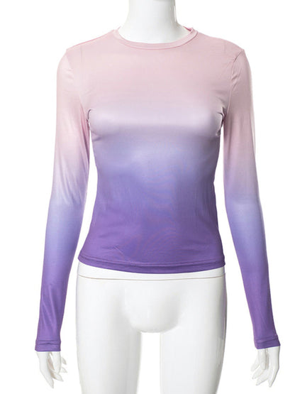 Gradient Print Round Neck Long Sleeve Polyester Women's Top