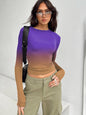 Gradient Print Round Neck Long Sleeve Polyester Women's Top