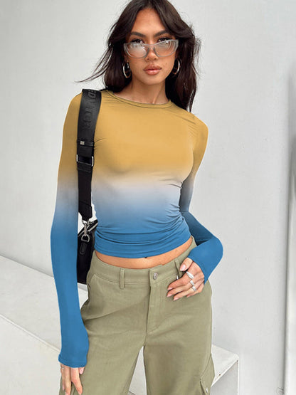 Gradient Print Round Neck Long Sleeve Polyester Women's Top