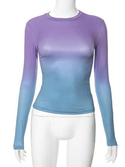 Gradient Print Round Neck Long Sleeve Polyester Women's Top