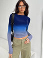 Gradient Print Round Neck Long Sleeve Polyester Women's Top