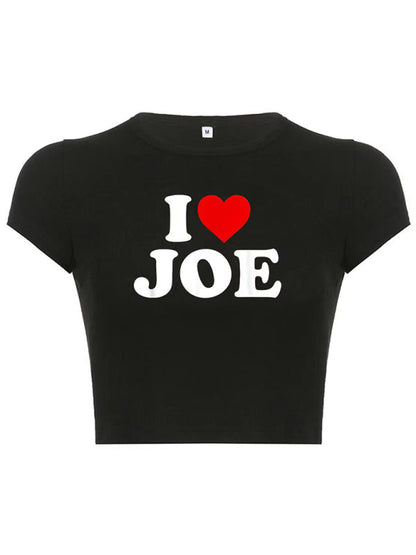 Heart Letter Print Crop Top Short Sleeve Women's T-Shirt