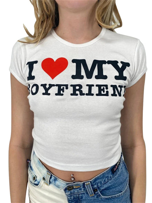 Heart Letter Print Crop Top Short Sleeve Women's T-Shirt