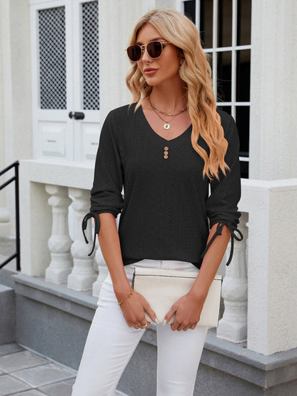 V-Neck Three Quarter Sleeve Button Top Viscose Women's Loose Blouse
