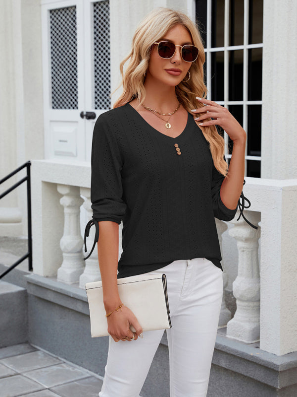 V-Neck Three Quarter Sleeve Button Top Viscose Women's Loose Blouse
