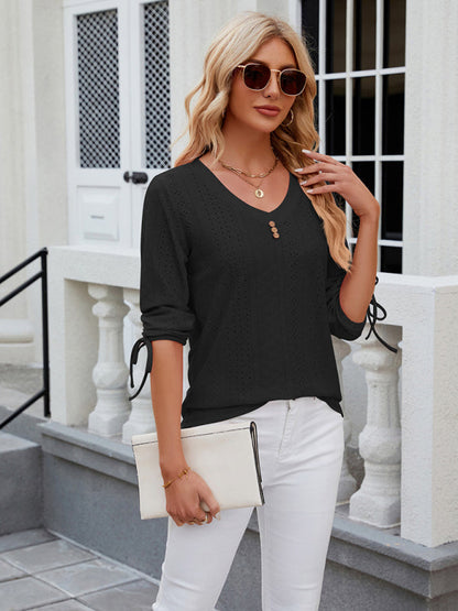 V-Neck Three Quarter Sleeve Button Top Viscose Women's Loose Blouse