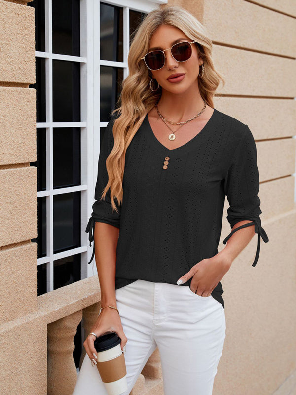 V-Neck Three Quarter Sleeve Button Top Viscose Women's Loose Blouse