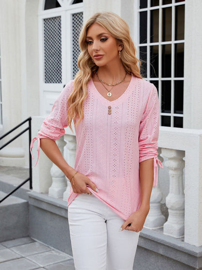 V-Neck Three Quarter Sleeve Button Top Viscose Women's Loose Blouse