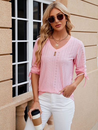 V-Neck Three Quarter Sleeve Button Top Viscose Women's Loose Blouse