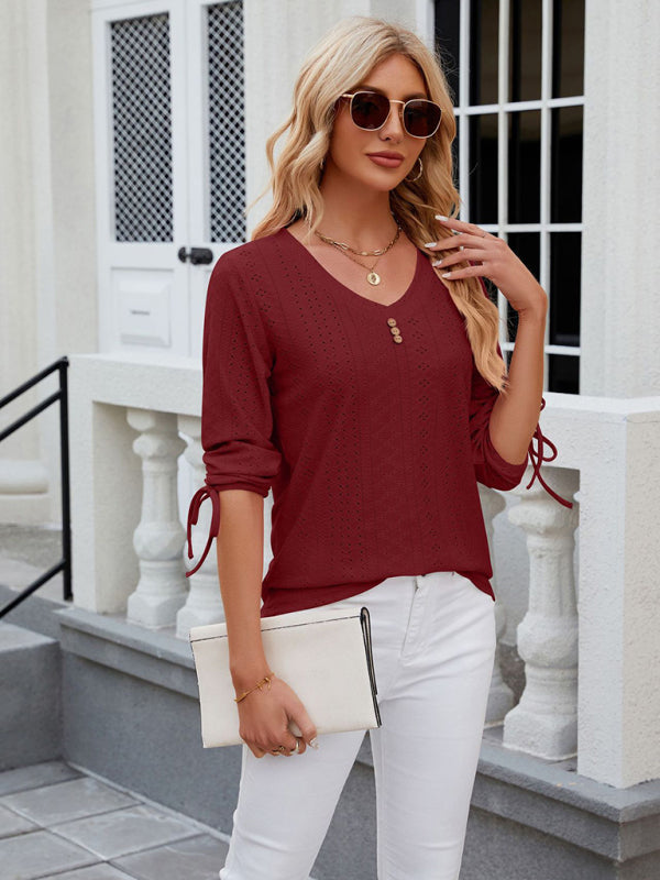 V-Neck Three Quarter Sleeve Button Top Viscose Women's Loose Blouse