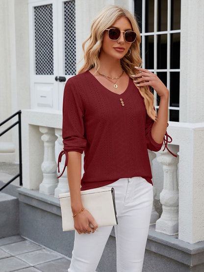 V-Neck Three Quarter Sleeve Button Top Viscose Women's Loose Blouse