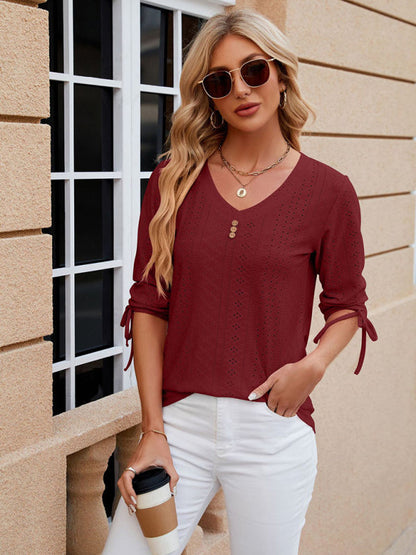 V-Neck Three Quarter Sleeve Button Top Viscose Women's Loose Blouse