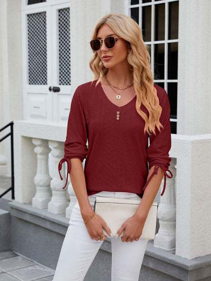 V-Neck Three Quarter Sleeve Button Top Viscose Women's Loose Blouse